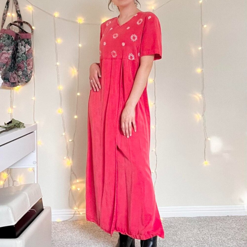 Vibrant vintage 90s coral house dress with white embroidered floral on bodice